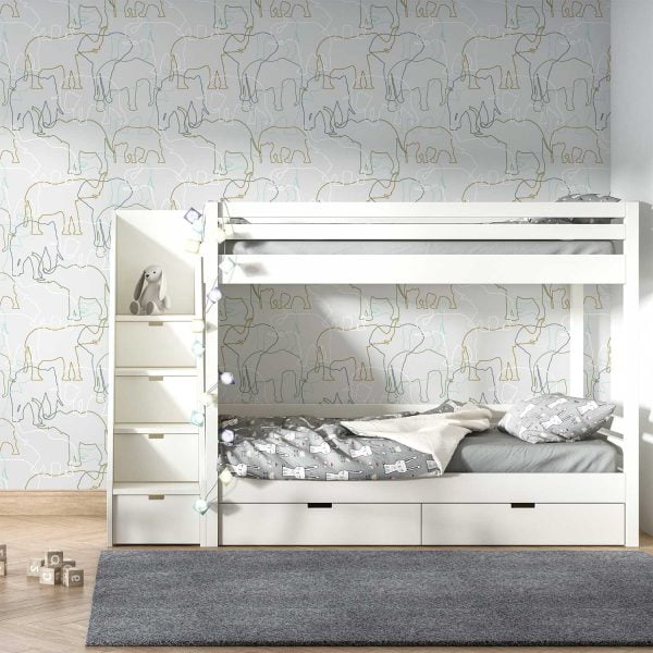 Modern grey, green, mustard and white elephant wallpaper in a kids room