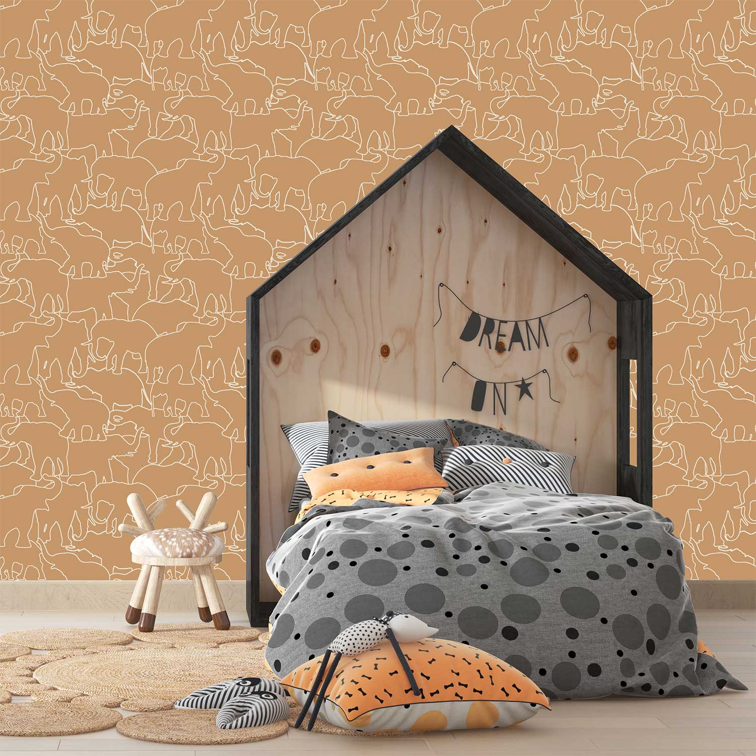Modern burnt orange elephant boho wallpaper in a kids room