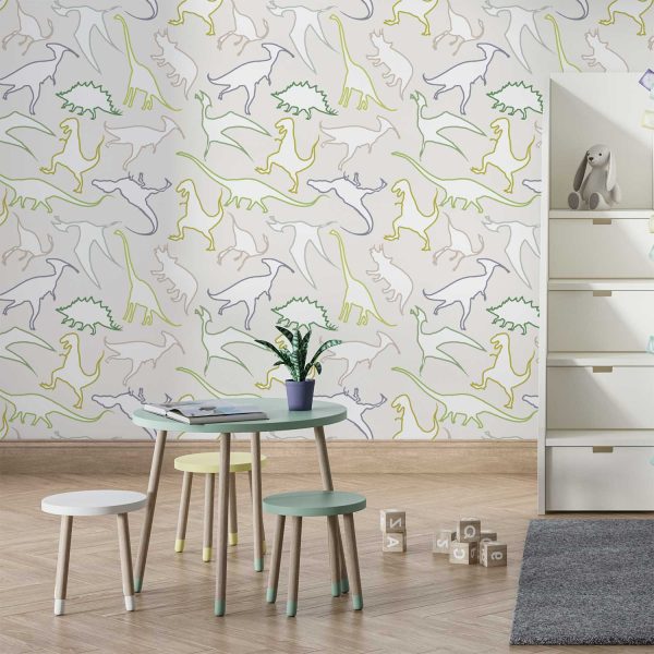 Dinosaur wallpaper for kids in beige, greens, and browns.