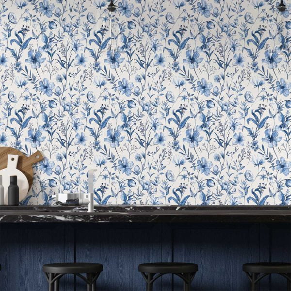 Chic blue watercolor floral wallpaper in a modern kitchen