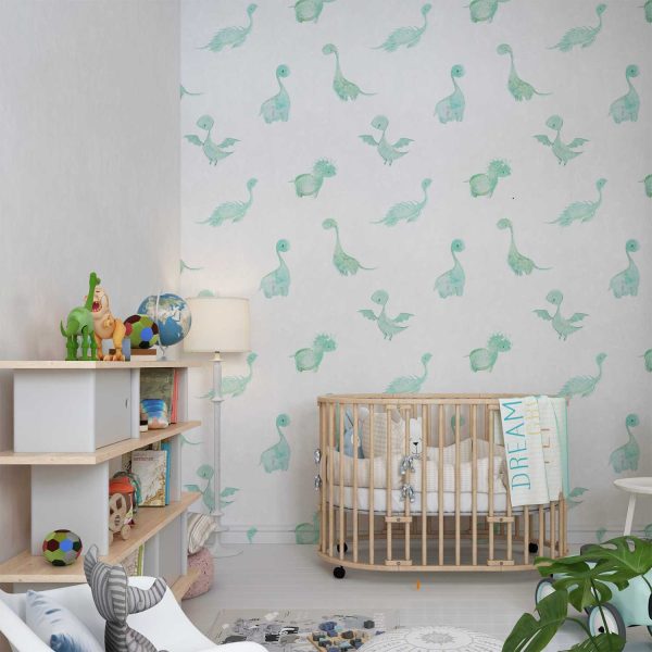Mint green dinosaur wallpaper in a baby nursery, available in vinyl, paper, or fabric peel and stick options