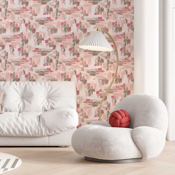 Abstract pink removable wallpaper in a living room
