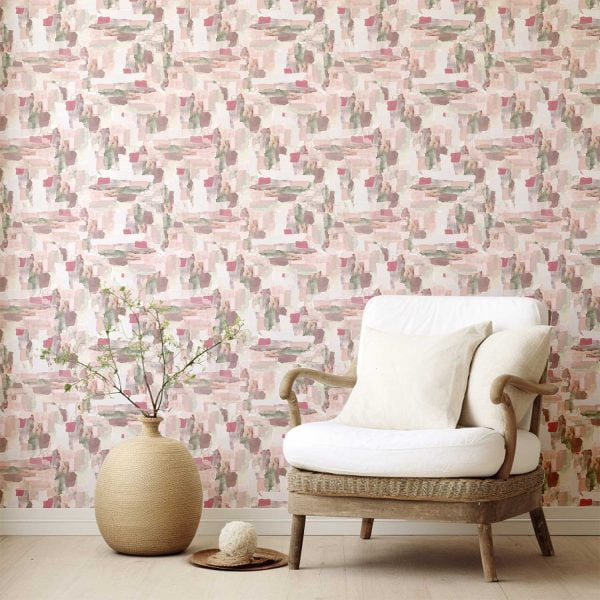 Abstract pink removable wallpaper in a living room