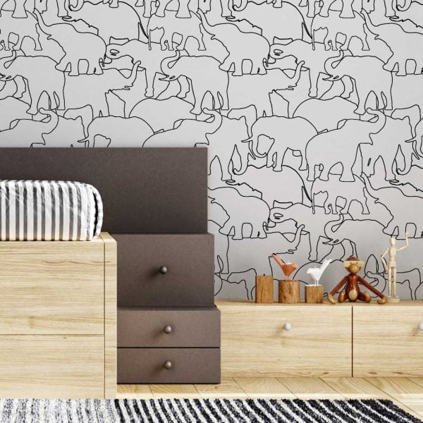 Contemporary black and white elephant wallpaper in a playroom