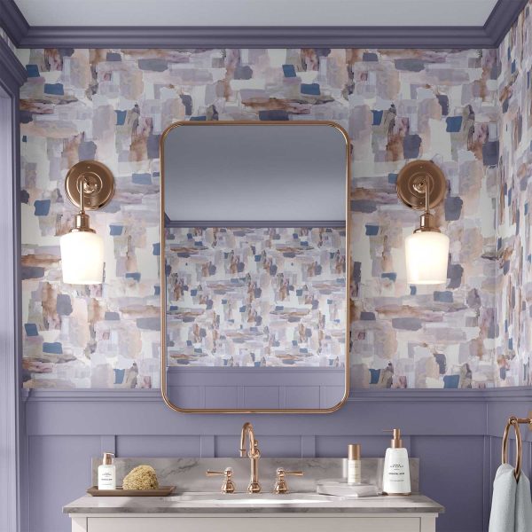 Abstract purple removable wallpaper in a bathroom