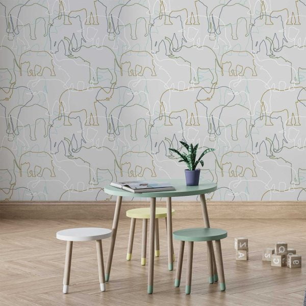 Contemporary grey, yellow, and white elephant wallpaper in a playroom