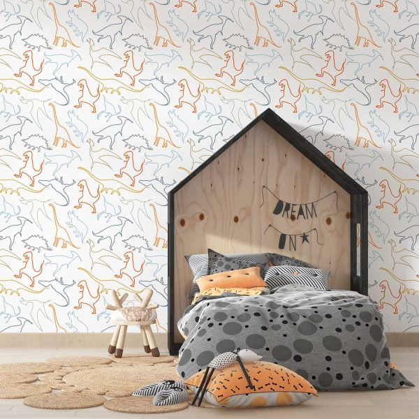 Dinosaur wallpaper in modern contemporary design with orange, gray, blue, mustard, and white colors in a kids bedroom.