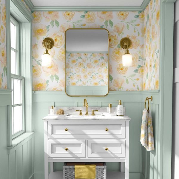Peel and stick yellow watercolor peony floral wallpaper in a bathroom
