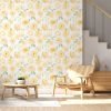Yellow watercolor peony floral wallpaper in a living room