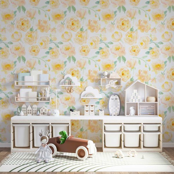 Yellow watercolor peony floral wallpaper in a nursery
