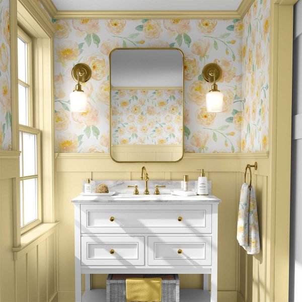 Peel and stick yellow watercolor peony floral wallpaper in a bathroom