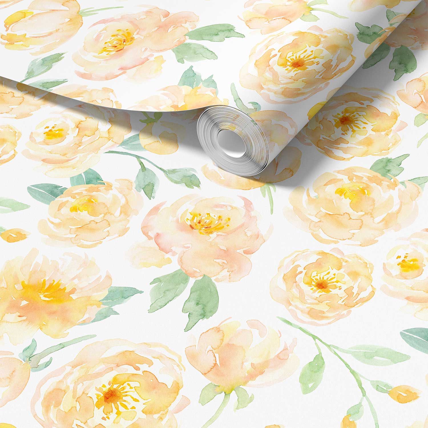 Roll of yellow watercolor peony floral wallpaper