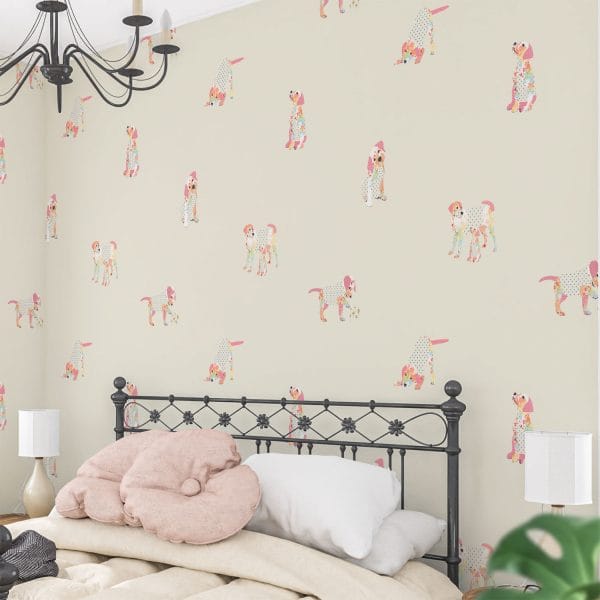 Pink puppy dog wallpaper for kids room in neutral beige girls' bedroom.