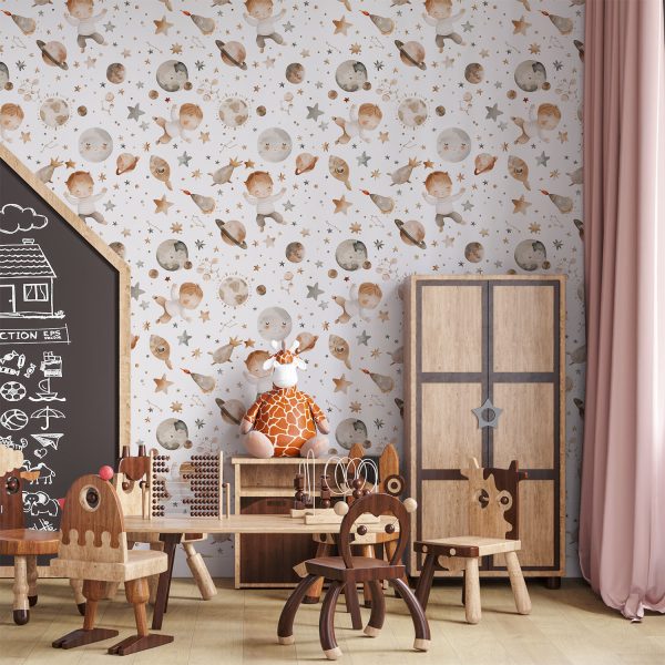 Neutral baby nursery wallpaper with space theme, stars, and planets for kids' rooms.