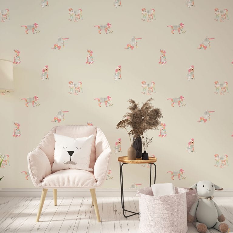 Kids and Baby Nurs ery decor - Pink puppy dog animal wallpaper in beige kids' playroom.