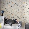 Beige background celestial space wallpaper with stars, moon, and planets in neutral colors for nursery decor.