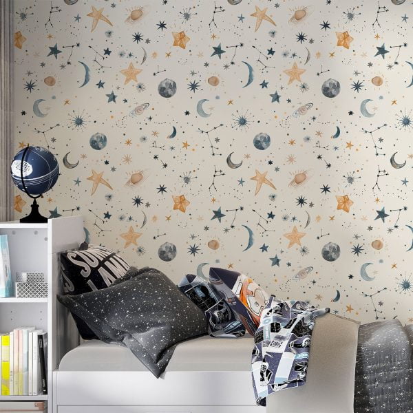 Beige background celestial space wallpaper with stars, moon, and planets in neutral colors for nursery decor.