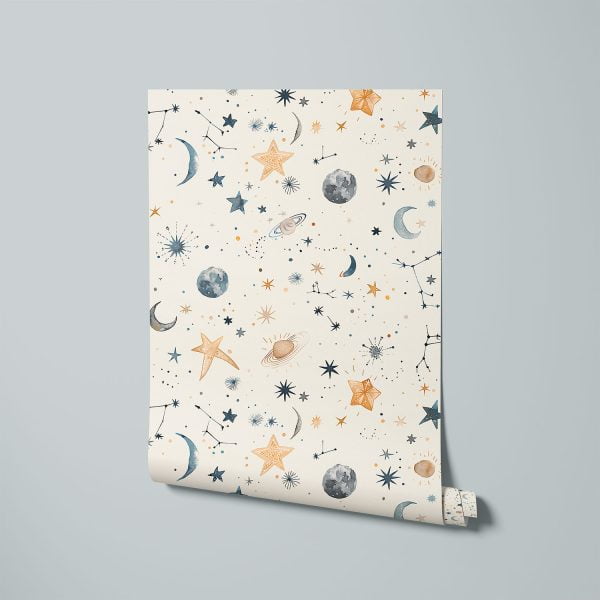 Neutral space-themed wallpaper with beige background, stars, moon, and planets in blue, gray, and brown.
