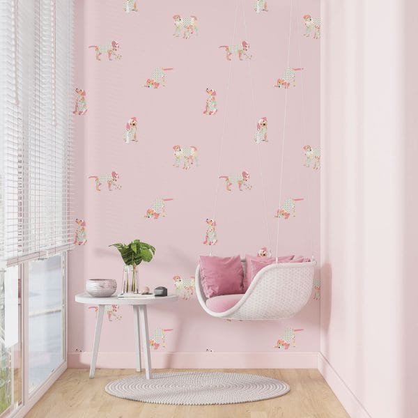 Pink puppy dog wallpaper in kids' playroom.