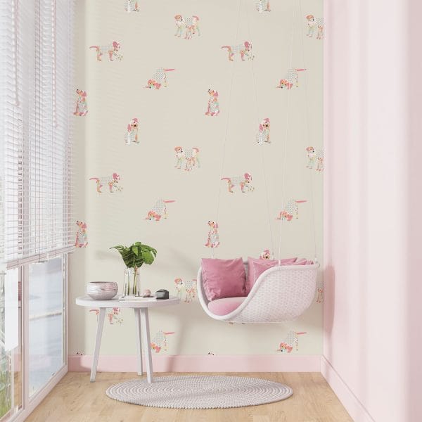 Pink puppy dog animal wallpaper in beige kids' playroom.