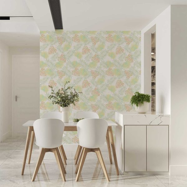 palm leaves wallpaper with apricot and green tones for kids' rooms and kitchens