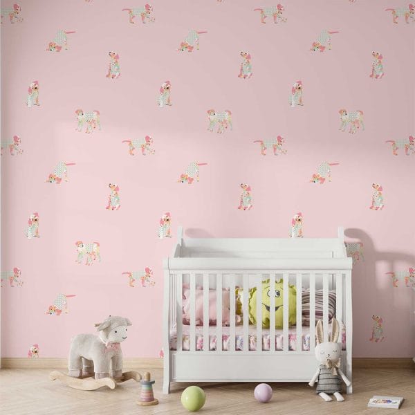 Pink puppy dog wallpaper in baby nursery.