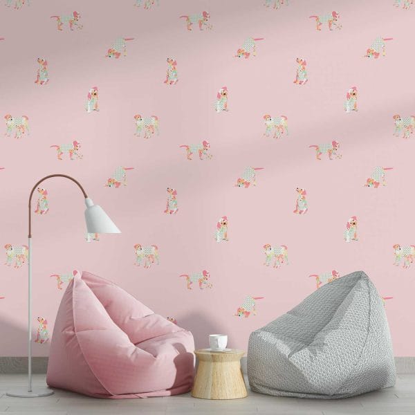 Pink puppy dog wallpaper in kids' playroom.