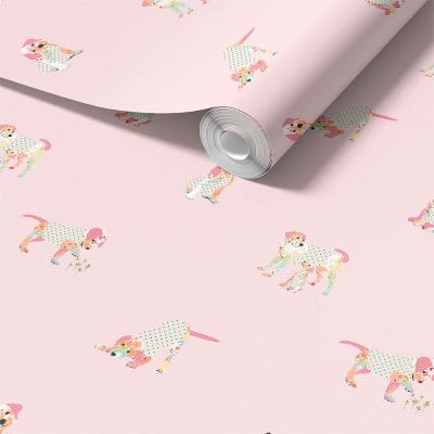 Close-up of pink puppy dog wallpaper design.