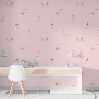 Pink puppy dog wallpaper in kids' playroom.