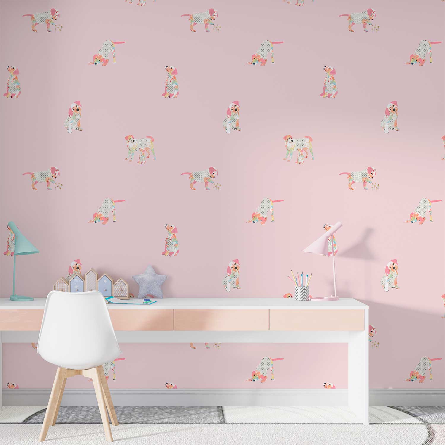 Pink puppy dog wallpaper in kids' playroom.