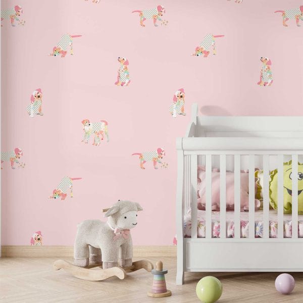 Pink puppy dog wallpaper in baby nursery.