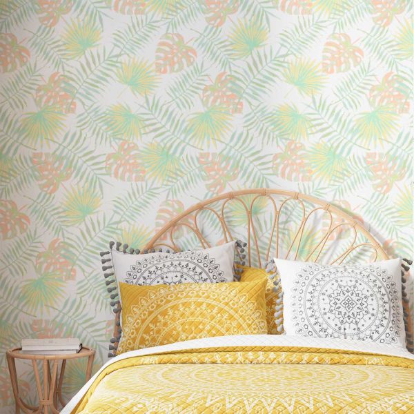 tropical apricot and green palm leaves wallpaper for bathrooms and bedrooms