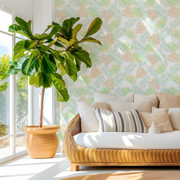 apricot and green palm leaves wallpaper with peel and stick option