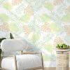 apricot and green tropical palm leaves wallpaper with peel and stick option