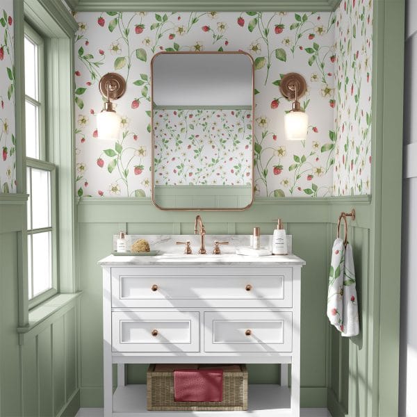 Strawberry field floral wallpaper in a bathroom