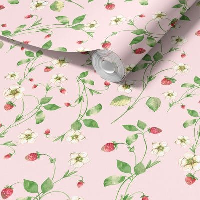 Pink strawberry floral wallpaper