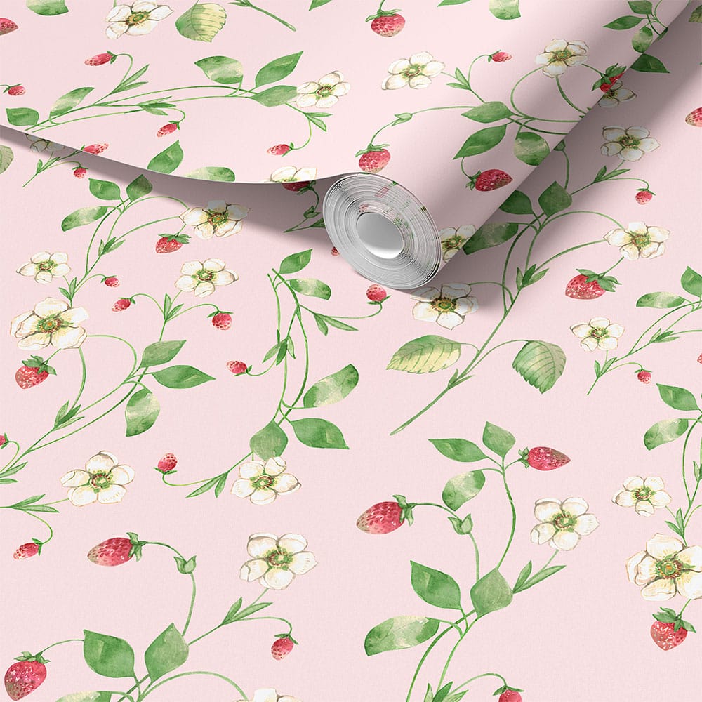 Pink strawberry floral wallpaper