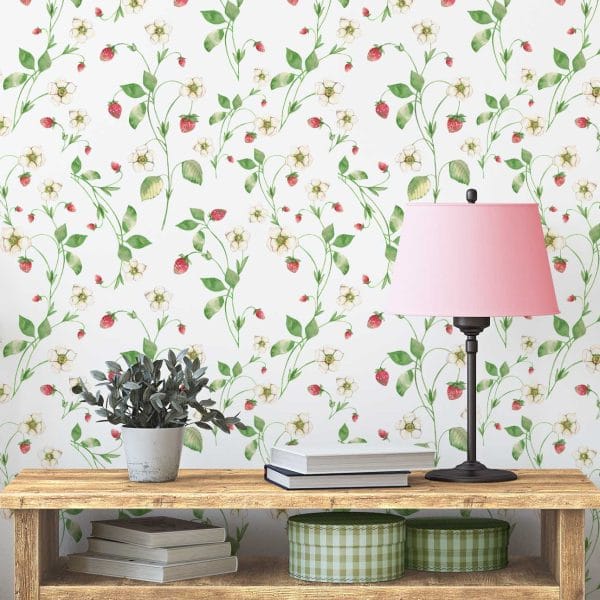 Strawberry field floral wallpaper in a girl's bedroom
