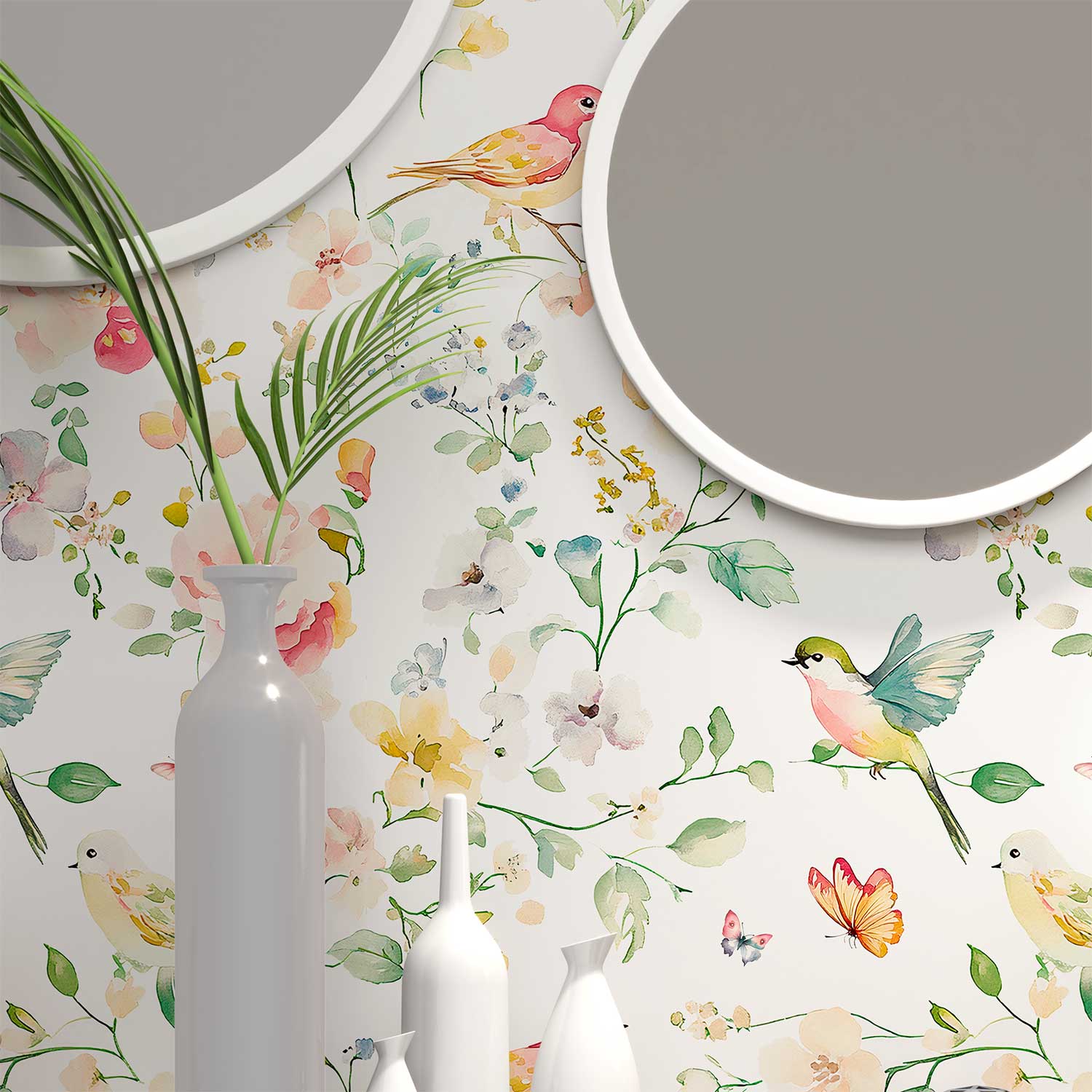 Birds and butterfly wallpaper for any room, including bathrooms, lounges, sunrooms, and hallways, with waterproof vinyl options.