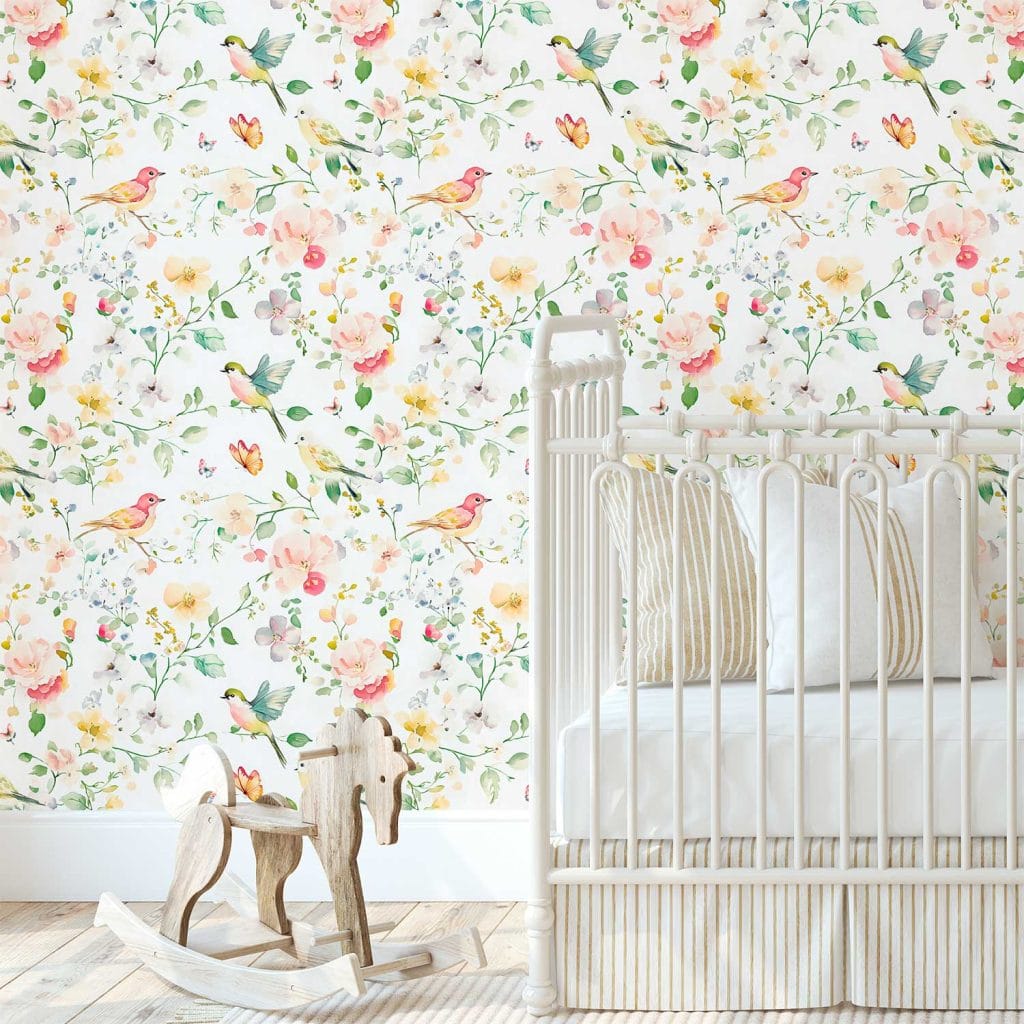 Floral Birds & Butterfly Wallpaper - For Kids, Bathrooms & More