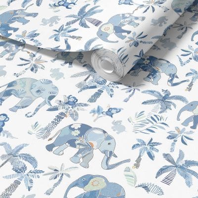 Blue wallpaper for kids featuring cute tropical elephants in a vibrant design.