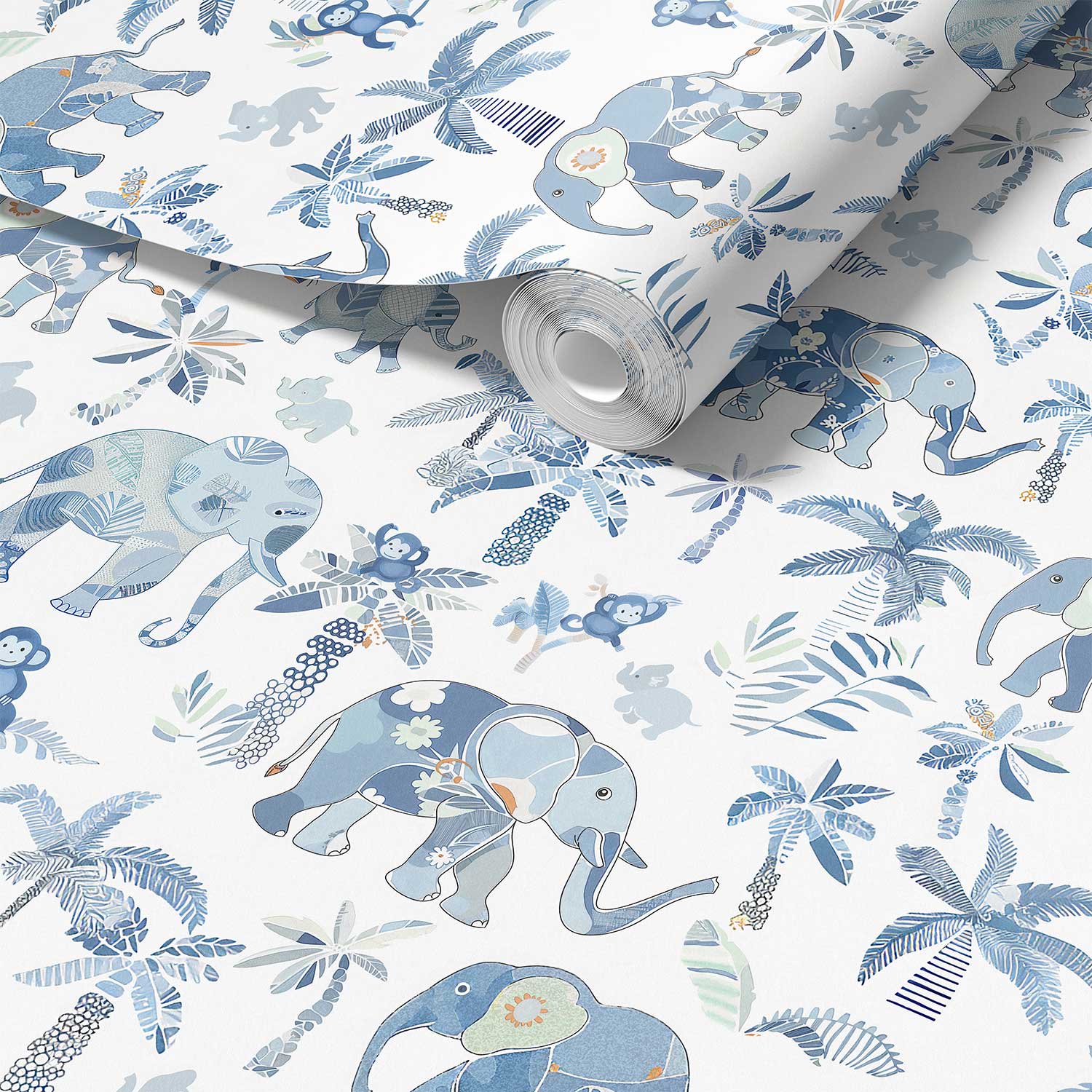Blue wallpaper for kids featuring cute tropical elephants in a vibrant design.