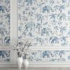 Tropical elephant wallpaper for kids with soothing blue tones, perfect for nurseries.