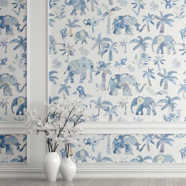 Tropical elephant wallpaper for kids with soothing blue tones, perfect for nurseries.