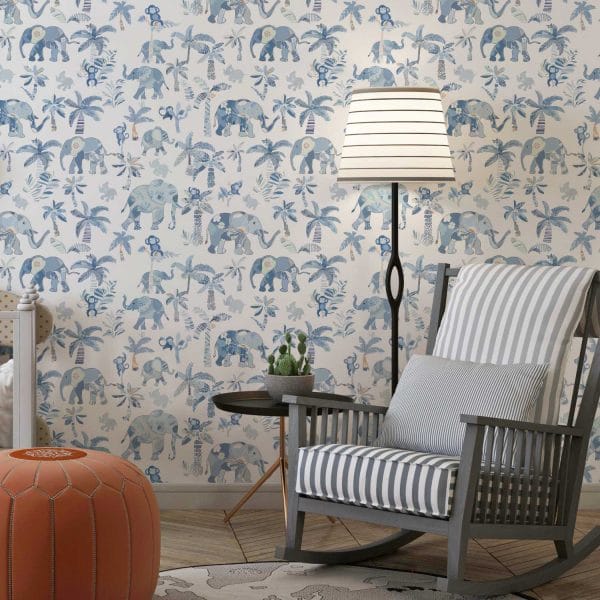 Tropical elephant wallpaper for baby boy nursery