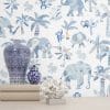 Playful and colorful Blue Wallpaper for Kids with tropical elephants for a fun room makeover.
