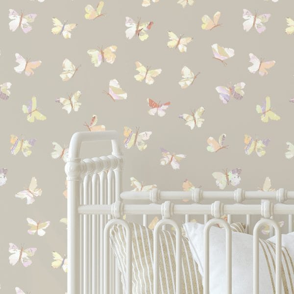 Cozy baby nursery with Boho Butterfly Beige Wallpaper, featuring soft neutral tones and abstract modern butterfly patterns.
