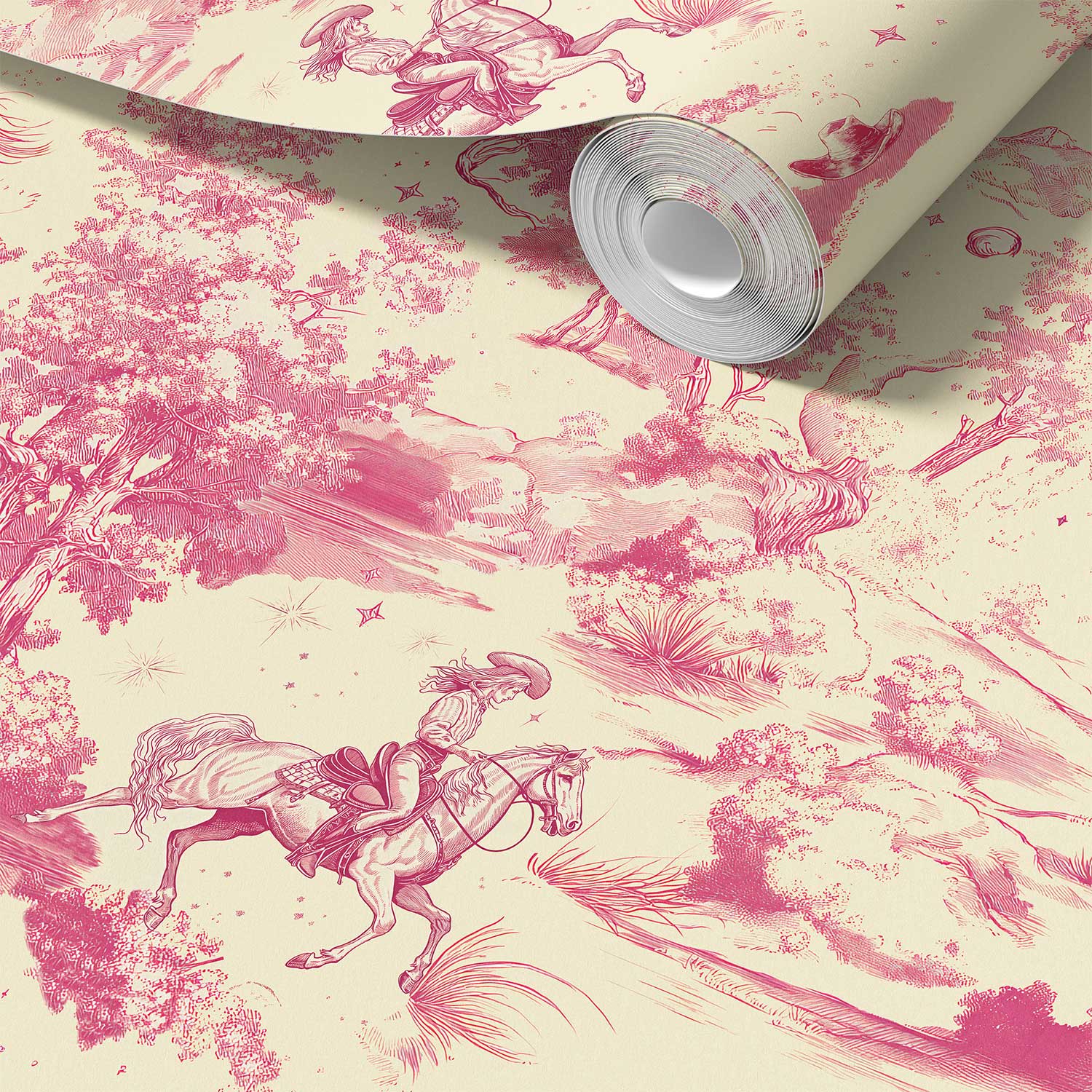 A close-up of the intricate unicorn and horse details on Cosmic Cowgirl Wallpaper.