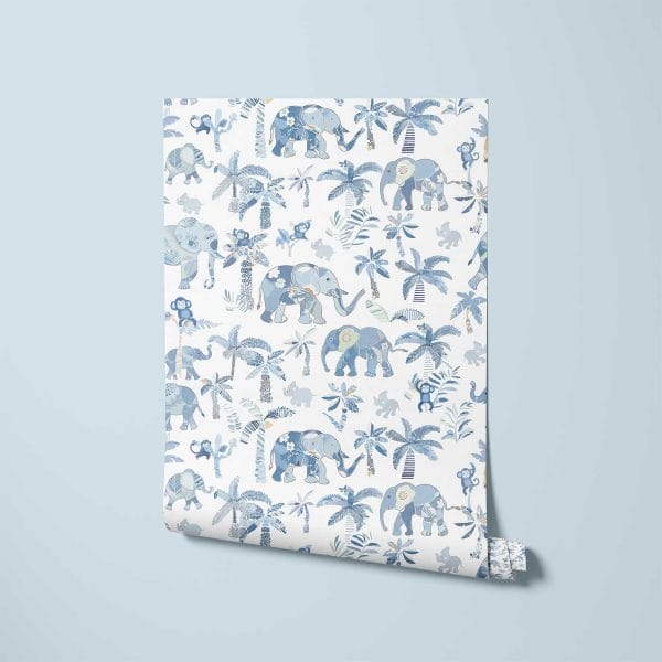 Decorate your little one’s room with Blue Wallpaper for Kids, showcasing cute tropical elephants in blue.
