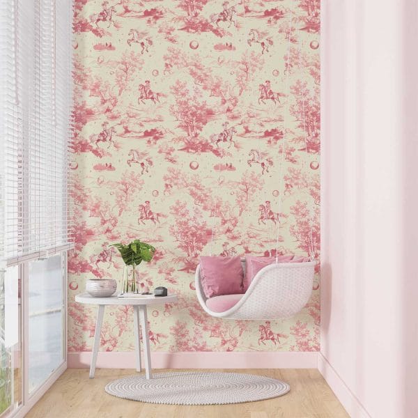 Playful unicorn and horse wallpaper creating a charming accent wall.